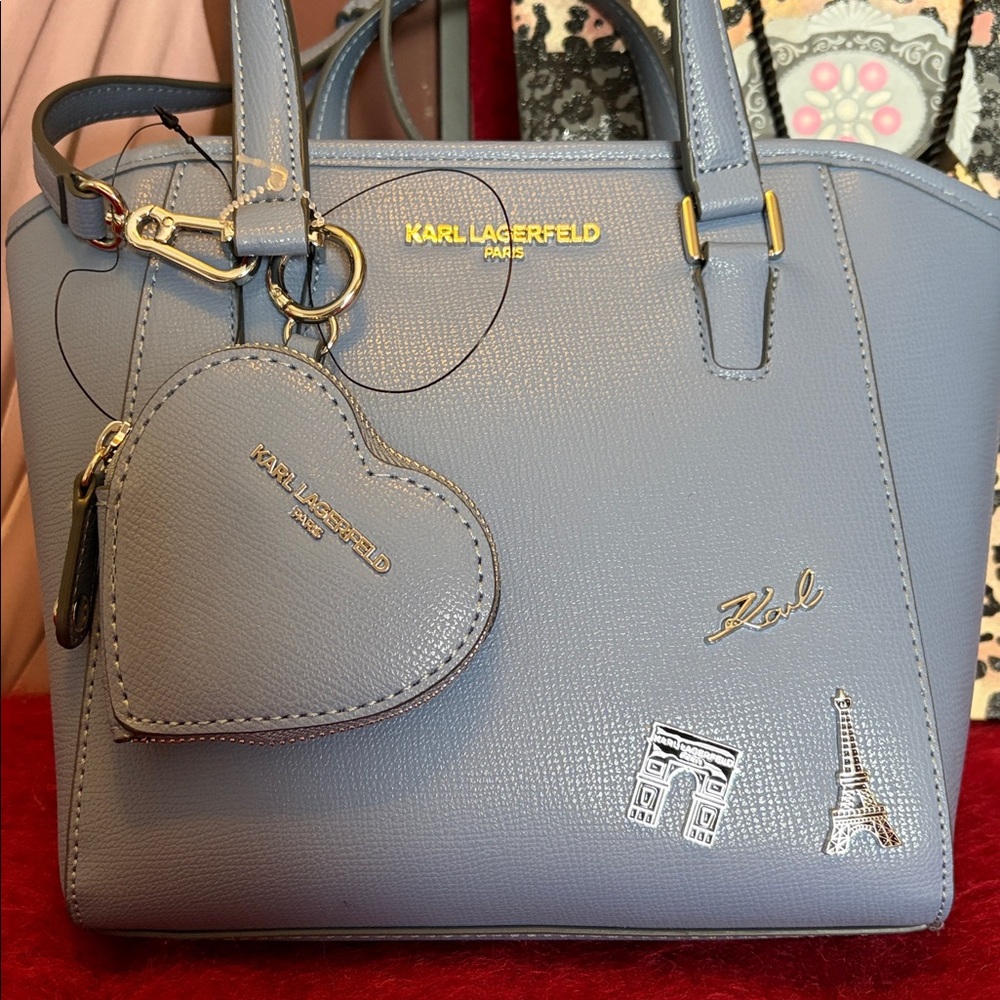 KARL LAGERFELD BLUE FOG HANDBAG CROSSBODY WITH HEART COIN PURSE ADJ STRAPS NWT